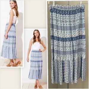LOFT Sz M Blue White Paisley Tiered Midi‎ Skirt